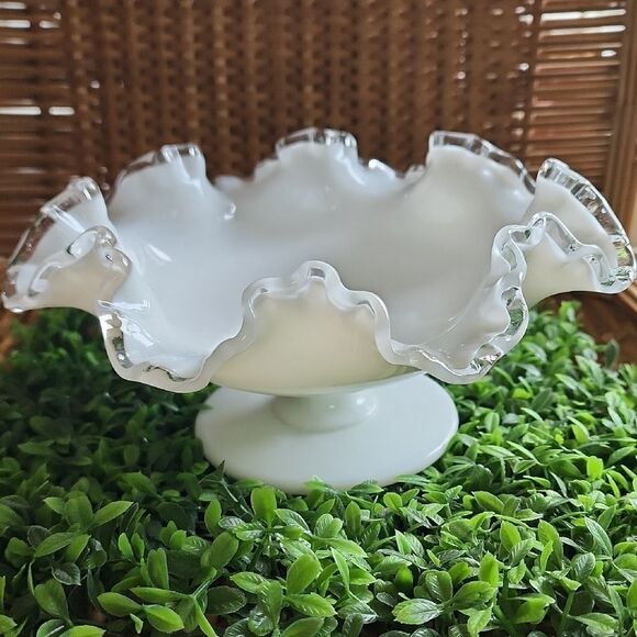 Vintage Silver Crested Fenton Milk Glass Bowl Pedestal Compote Coquette Bridal - Picture 1 of 10